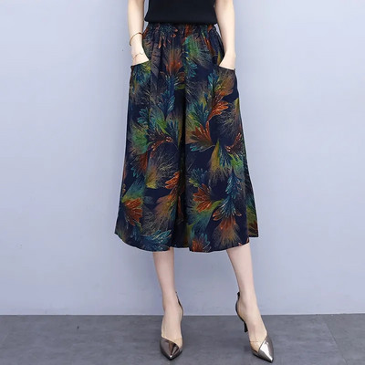 Jaunas vasaras bikses ar platām kājām sievietēm etniskā stila elastīgas bikses ar apdruku ar augstu vidukli Sieviešu ikdienas vasaras bikses svārki līdz teļiem