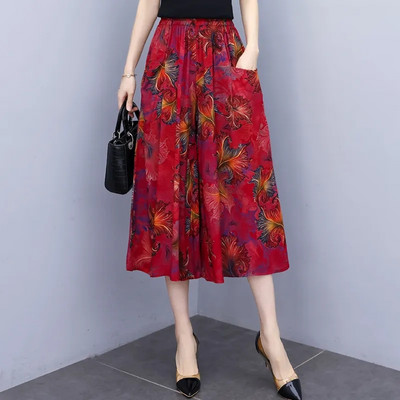 Jaunas vasaras bikses ar platām kājām sievietēm etniskā stila elastīgas bikses ar apdruku ar augstu vidukli Sieviešu ikdienas vasaras bikses svārki līdz teļiem