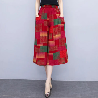 Jaunas vasaras bikses ar platām kājām sievietēm etniskā stila elastīgas bikses ar apdruku ar augstu vidukli Sieviešu ikdienas vasaras bikses svārki līdz teļiem