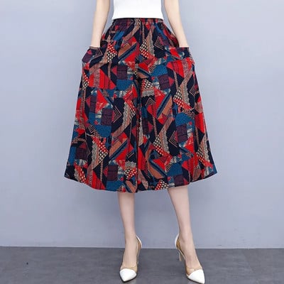 Jaunas vasaras bikses ar platām kājām sievietēm etniskā stila elastīgas bikses ar apdruku ar augstu vidukli Sieviešu ikdienas vasaras bikses svārki līdz teļiem