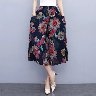 Jaunas vasaras bikses ar platām kājām sievietēm etniskā stila elastīgas bikses ar apdruku ar augstu vidukli Sieviešu ikdienas vasaras bikses svārki līdz teļiem