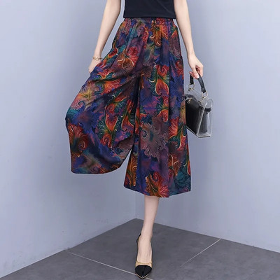 Jaunas vasaras bikses ar platām kājām sievietēm etniskā stila elastīgas bikses ar apdruku ar augstu vidukli Sieviešu ikdienas vasaras bikses svārki līdz teļiem