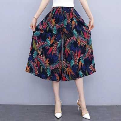 Jaunas vasaras bikses ar platām kājām sievietēm etniskā stila elastīgas bikses ar apdruku ar augstu vidukli Sieviešu ikdienas vasaras bikses svārki līdz teļiem