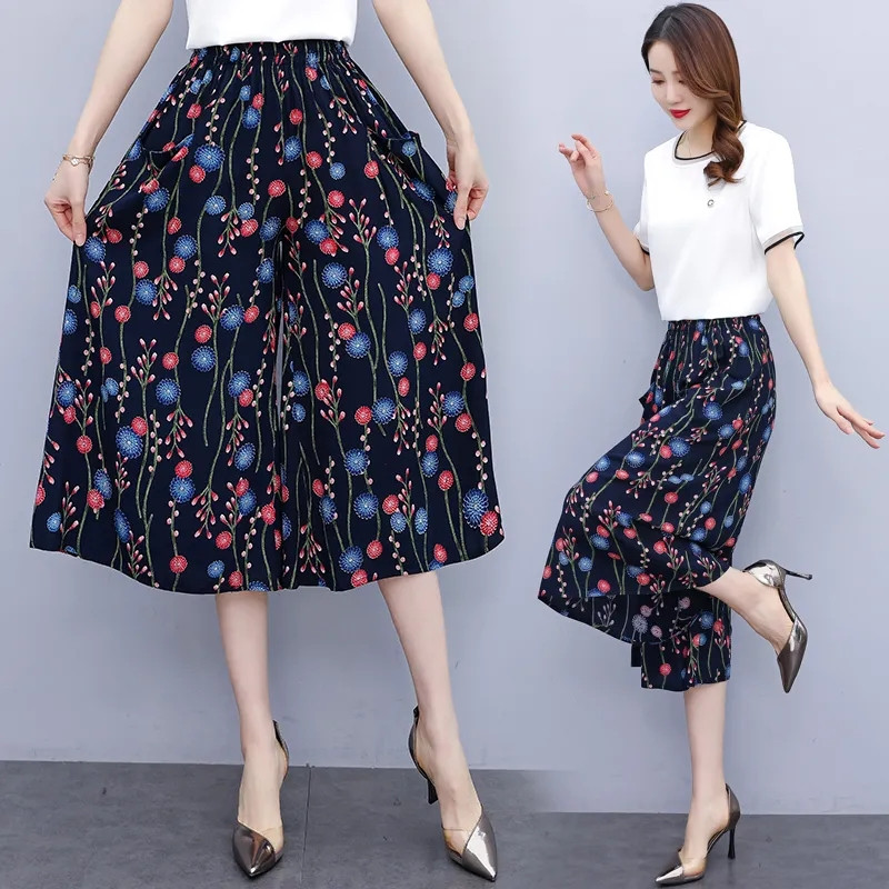 Jaunas vasaras bikses ar platām kājām sievietēm etniskā stila elastīgas bikses ar apdruku ar augstu vidukli Sieviešu ikdienas vasaras bikses svārki līdz teļiem