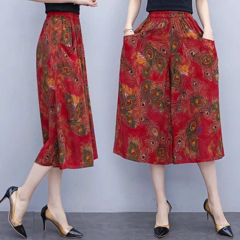 Jaunas vasaras bikses ar platām kājām sievietēm etniskā stila elastīgas bikses ar apdruku ar augstu vidukli Sieviešu ikdienas vasaras bikses svārki līdz teļiem