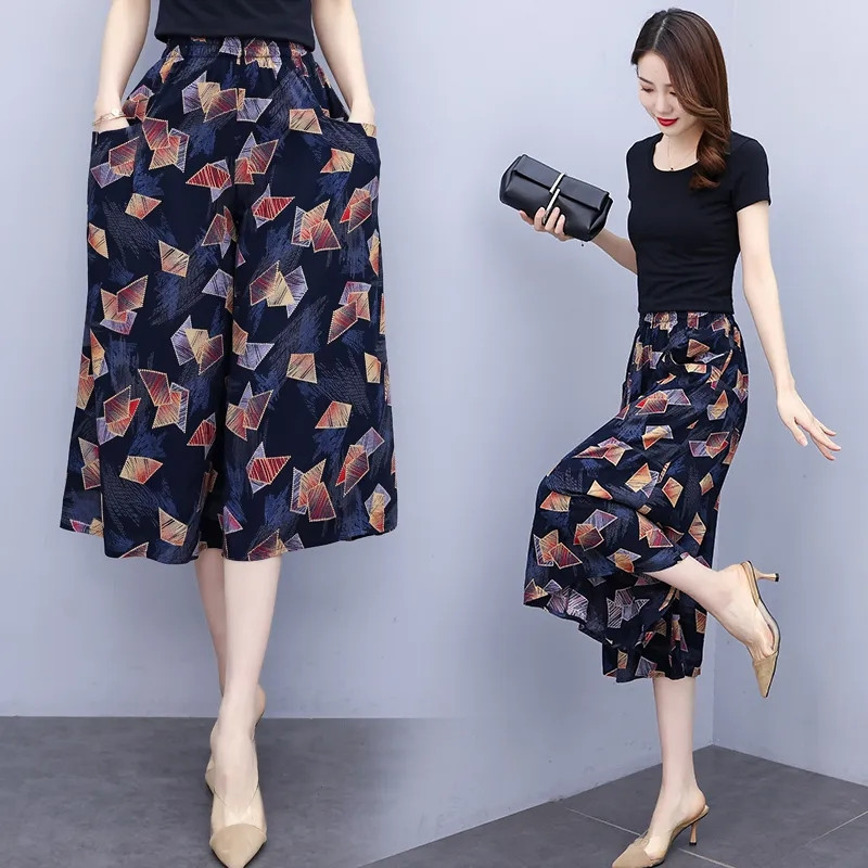 Jaunas vasaras bikses ar platām kājām sievietēm etniskā stila elastīgas bikses ar apdruku ar augstu vidukli Sieviešu ikdienas vasaras bikses svārki līdz teļiem