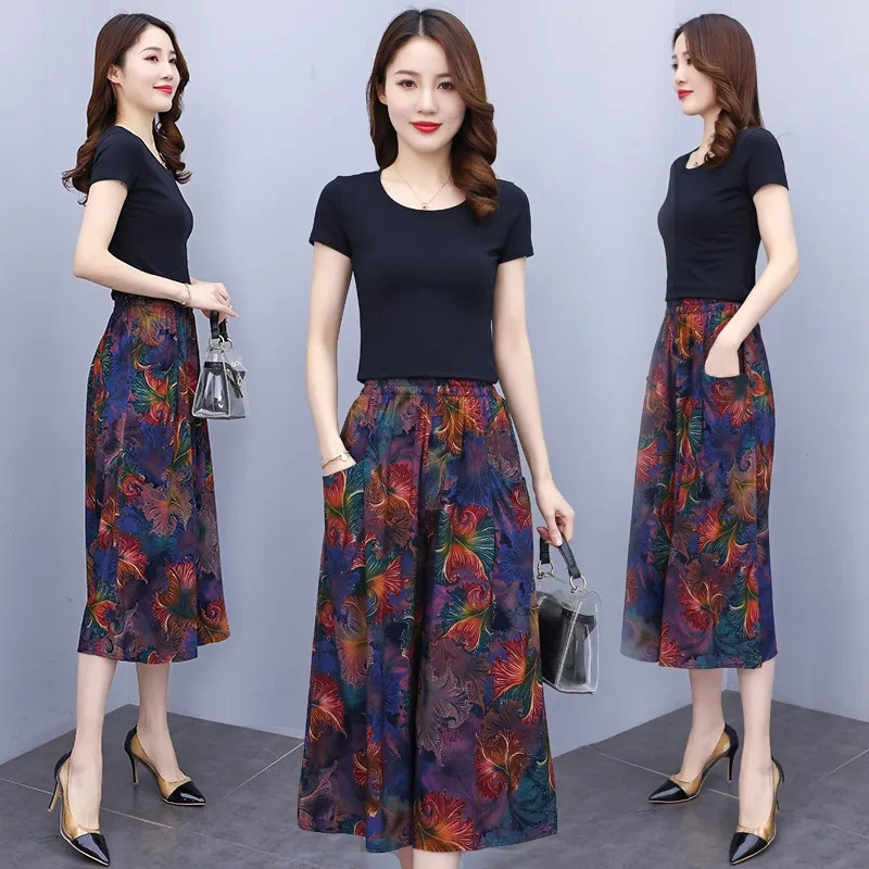 Jaunas vasaras bikses ar platām kājām sievietēm etniskā stila elastīgas bikses ar apdruku ar augstu vidukli Sieviešu ikdienas vasaras bikses svārki līdz teļiem