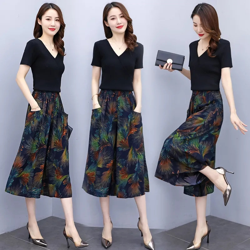 Jaunas vasaras bikses ar platām kājām sievietēm etniskā stila elastīgas bikses ar apdruku ar augstu vidukli Sieviešu ikdienas vasaras bikses svārki līdz teļiem