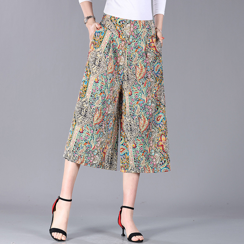 Bő, alkalmi mintás nadrágok, széles szárú, magas derekú, levágott nadrágok, női, minden megfelelő esztétikus divatos nadrágok, női