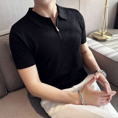 2023. g. korejiešu stila vīriešu vasaras ikdienas trikotāžas polo krekli/vīriešu šauri pieguļoši modes rāvējslēdzēja dizaina dobi polo krekli S-3XL
