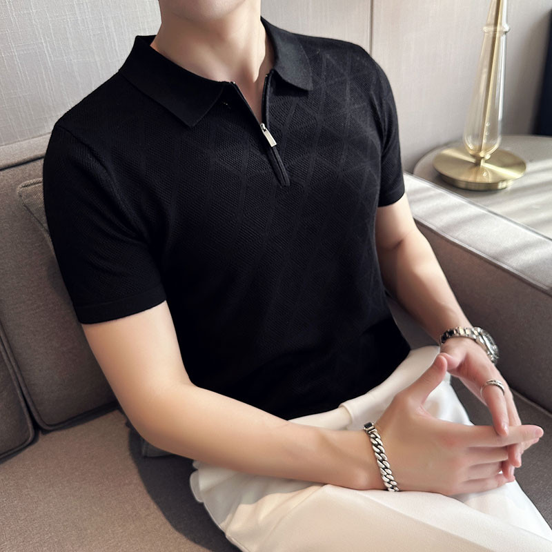 2023. g. korejiešu stila vīriešu vasaras ikdienas trikotāžas polo krekli/vīriešu šauri pieguļoši modes rāvējslēdzēja dizaina dobi polo krekli S-3XL