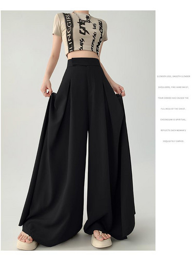 Női Fekete Elegáns Széles Lábas Hosszú Nadrág Nyári Barna Magas derekú táskás Rakott Nadrág Szürke Zsebek Divat Egyszerűség Divat