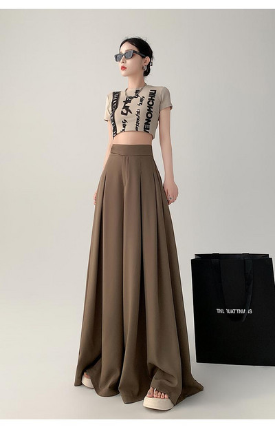 Női Fekete Elegáns Széles Lábas Hosszú Nadrág Nyári Barna Magas derekú táskás Rakott Nadrág Szürke Zsebek Divat Egyszerűség Divat