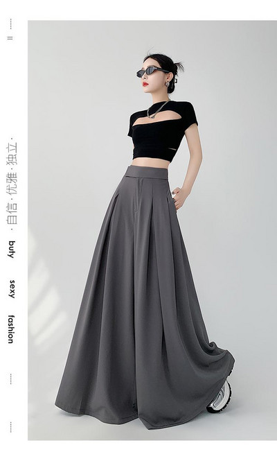 Női Fekete Elegáns Széles Lábas Hosszú Nadrág Nyári Barna Magas derekú táskás Rakott Nadrág Szürke Zsebek Divat Egyszerűség Divat