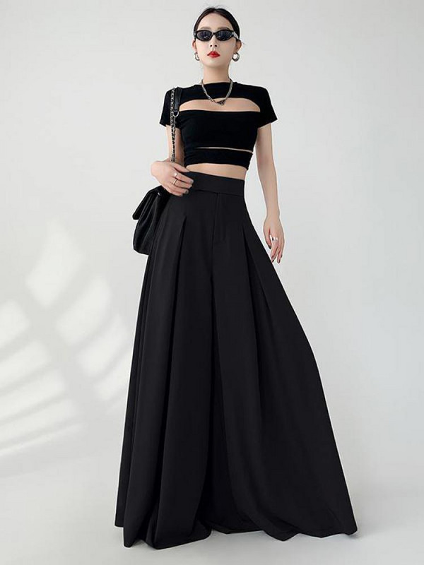 Női Fekete Elegáns Széles Lábas Hosszú Nadrág Nyári Barna Magas derekú táskás Rakott Nadrág Szürke Zsebek Divat Egyszerűség Divat