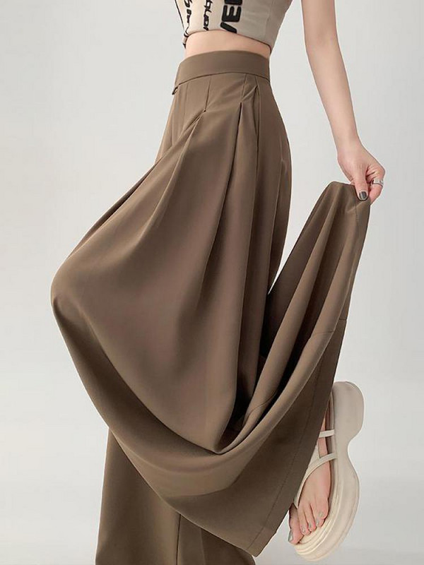 Női Fekete Elegáns Széles Lábas Hosszú Nadrág Nyári Barna Magas derekú táskás Rakott Nadrág Szürke Zsebek Divat Egyszerűség Divat