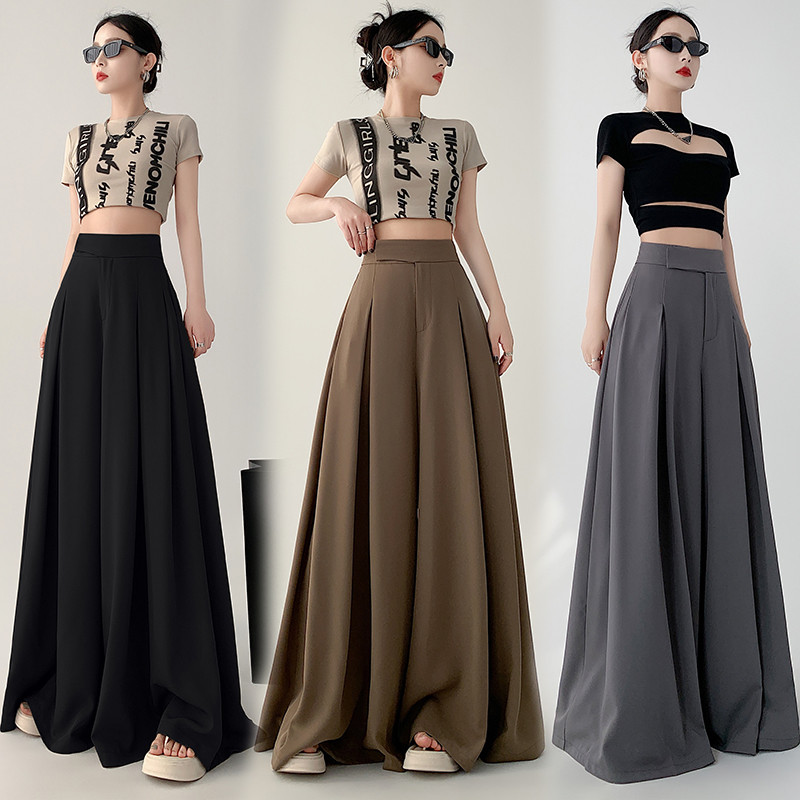 Női Fekete Elegáns Széles Lábas Hosszú Nadrág Nyári Barna Magas derekú táskás Rakott Nadrág Szürke Zsebek Divat Egyszerűség Divat