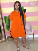 LW Ležerna ležerna ležerna haljina s pupoljkom i okruglim izrezom, spuštenih ramena, rastezljiva ženska haljina do koljena