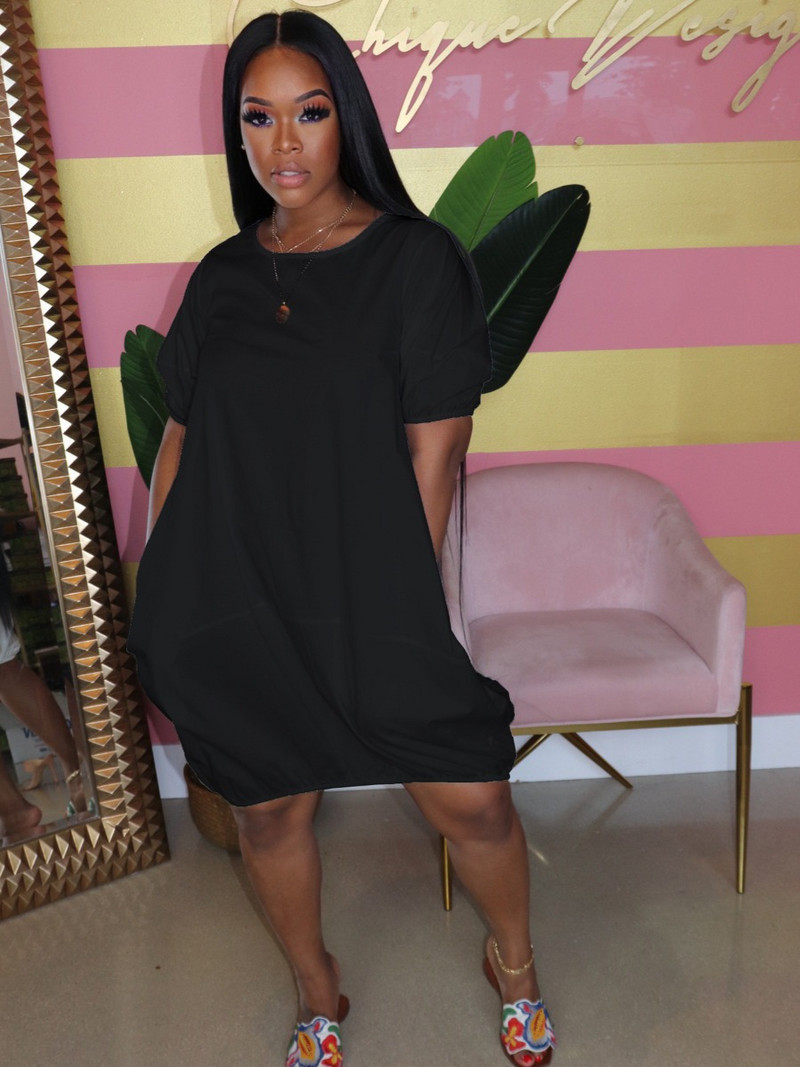 LW Ležerna ležerna ležerna haljina s pupoljkom i okruglim izrezom, spuštenih ramena, rastezljiva ženska haljina do koljena