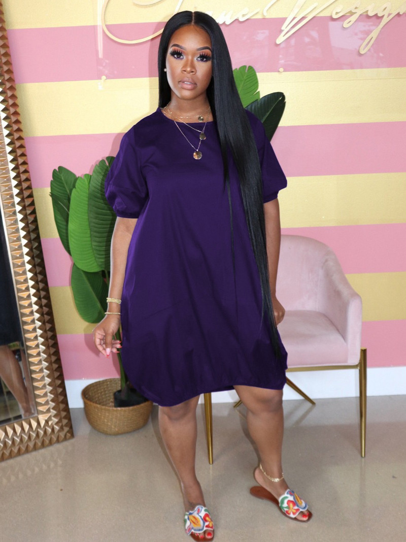 LW Ležerna ležerna ležerna haljina s pupoljkom i okruglim izrezom, spuštenih ramena, rastezljiva ženska haljina do koljena