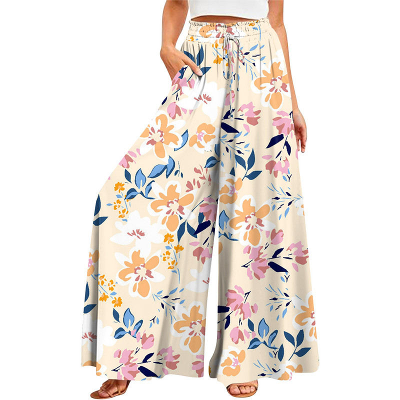 Sieviešu vasaras platas bikses ar augstu vidukli, plūstošas kabatas Modes ikdienišķas Bohēmijas stila pludmales bikses ropa de mujer 여성바지