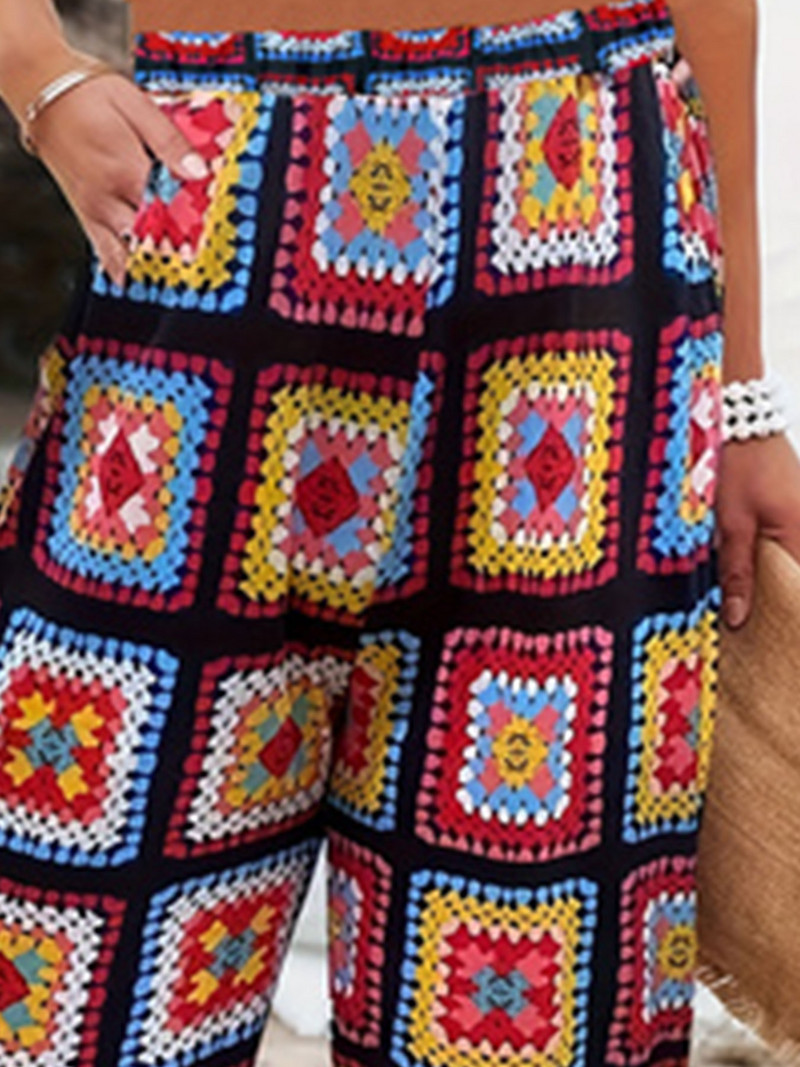 Nagy méretű Geo Print egyenes szárú nadrág, Boho Slant zsebnadrág tavaszra és nyárra, női nagy méretű ruházat