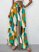 Sieviešu vasaras ikdienas pludmales bikses ar platām kājām ar ziedu apdruku Bohēmiski elastīgas bikses ar augstu vidukli ar kabatām