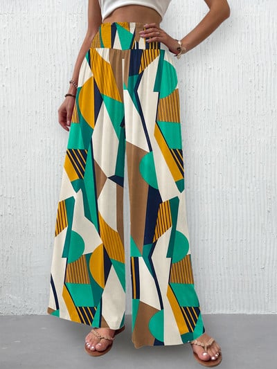 Sieviešu vasaras ikdienas pludmales bikses ar platām kājām ar ziedu apdruku Bohēmiski elastīgas bikses ar augstu vidukli ar kabatām