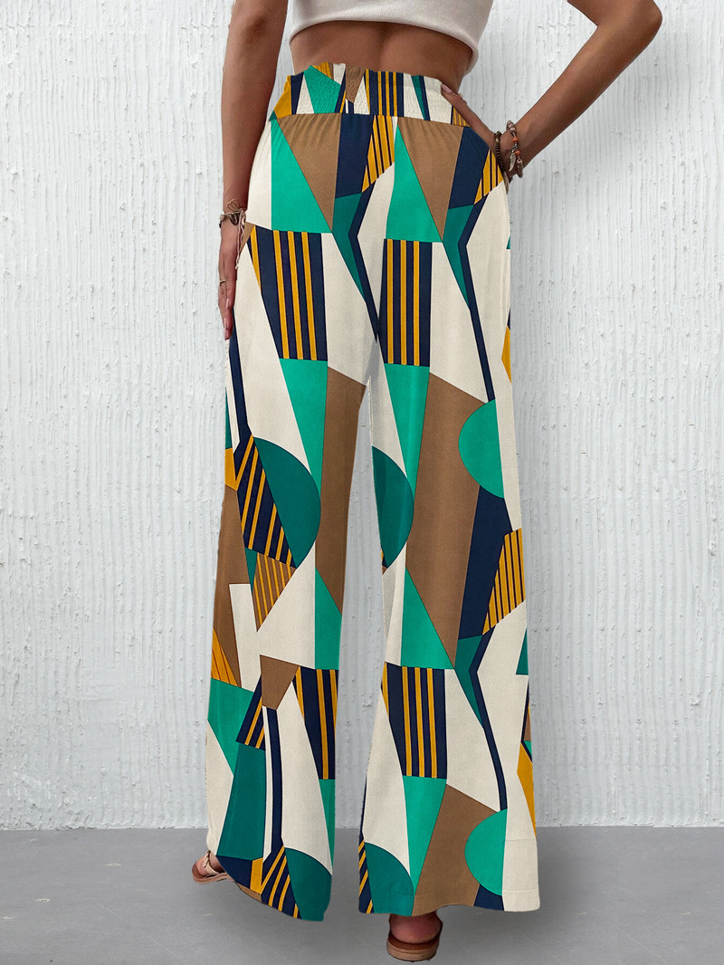 Sieviešu vasaras ikdienas pludmales bikses ar platām kājām ar ziedu apdruku Bohēmiski elastīgas bikses ar augstu vidukli ar kabatām