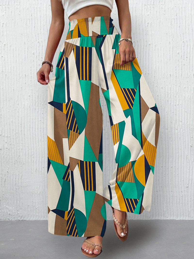 Sieviešu vasaras ikdienas pludmales bikses ar platām kājām ar ziedu apdruku Bohēmiski elastīgas bikses ar augstu vidukli ar kabatām