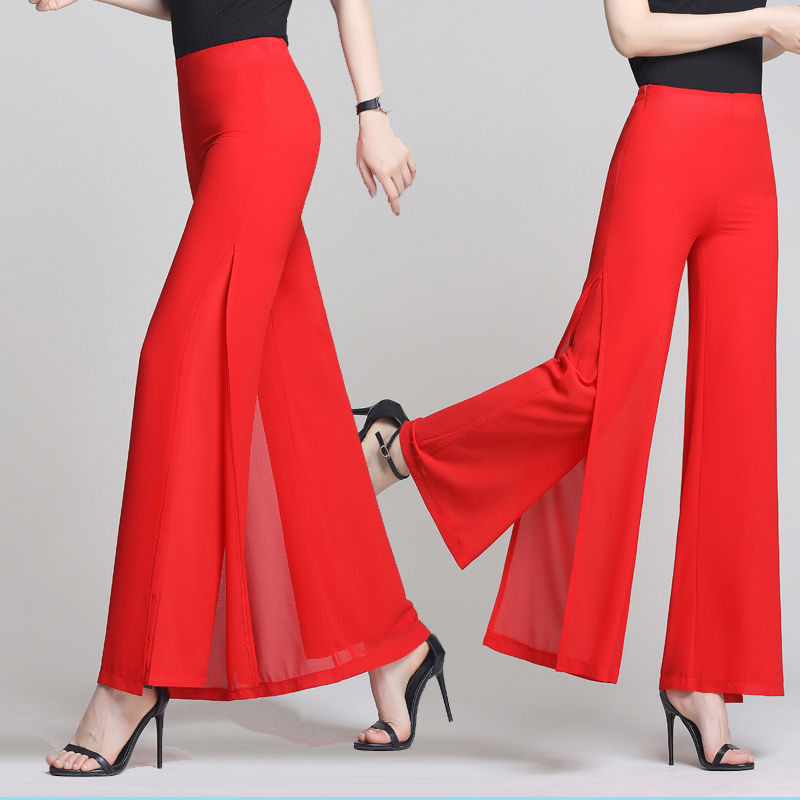 Divslāņu šifona bikses ar platām kājām sievietēm, sāniski sadalītas plānas bikses 2022. gada jauns pavasaris, vasara, bikses ar augstu vidukli. Sieviešu ikdienas bikses