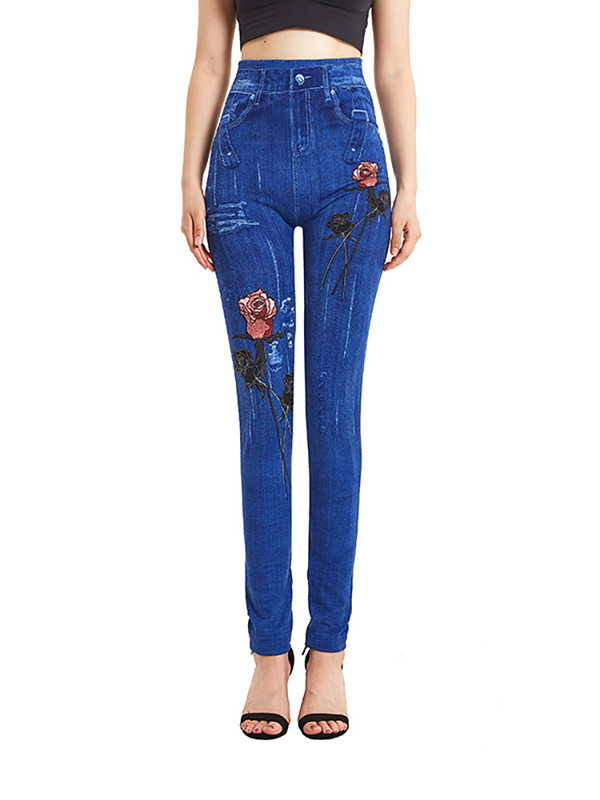 VISNXGI Eleganti sieviešu apģērbi, mākslīgie džinsi elastīgi lielizmēra bikses ar augstu vidukli Jegging ikdienas sarkanās rozes apdrukas sieviešu legingi S-3XL