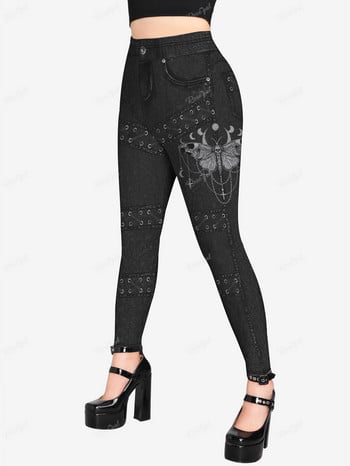 ROSEGAL Plus Size Gothic κολάν 3D Butterfly Jean Lace-up εμπριμέ παντελόνι S-5XL Γυναικεία streetwear στενά παντελόνια Mujer