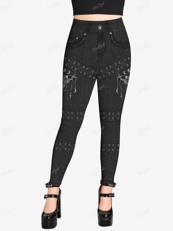 ROSEGAL Plus Size Gothic κολάν 3D Butterfly Jean Lace-up εμπριμέ παντελόνι S-5XL Γυναικεία streetwear στενά παντελόνια Mujer