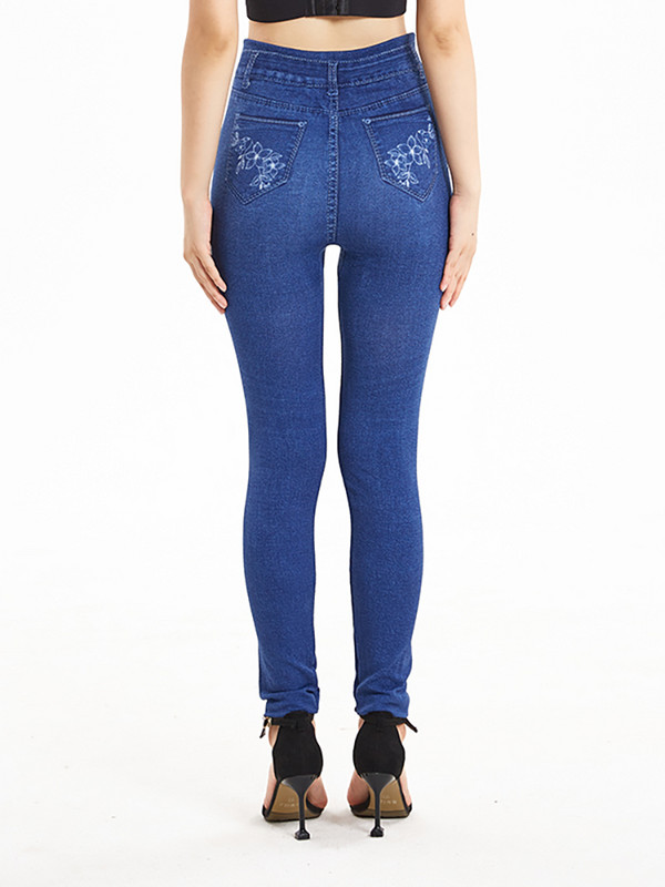 CUHAKCI viltus kabatas džinsi ar ziedu apdruku elastīgi lielizmēra Jegging sieviešu bikses ikdienas stulpiņi ar augstu vidukli Bikses S-3XL