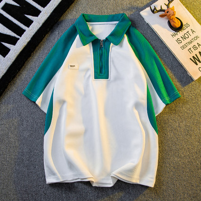 Amerikāņu kontrastējošas krāsas T-krekls ar īsām piedurknēm vīriešiem Skaists, brīvs ikdienas High Street Polo krekli ar pusi rāvējslēdzēju Vīriešu apģērbi