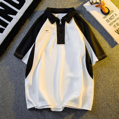 Amerikāņu kontrastējošas krāsas T-krekls ar īsām piedurknēm vīriešiem Skaists, brīvs ikdienas High Street Polo krekli ar pusi rāvējslēdzēju Vīriešu apģērbi