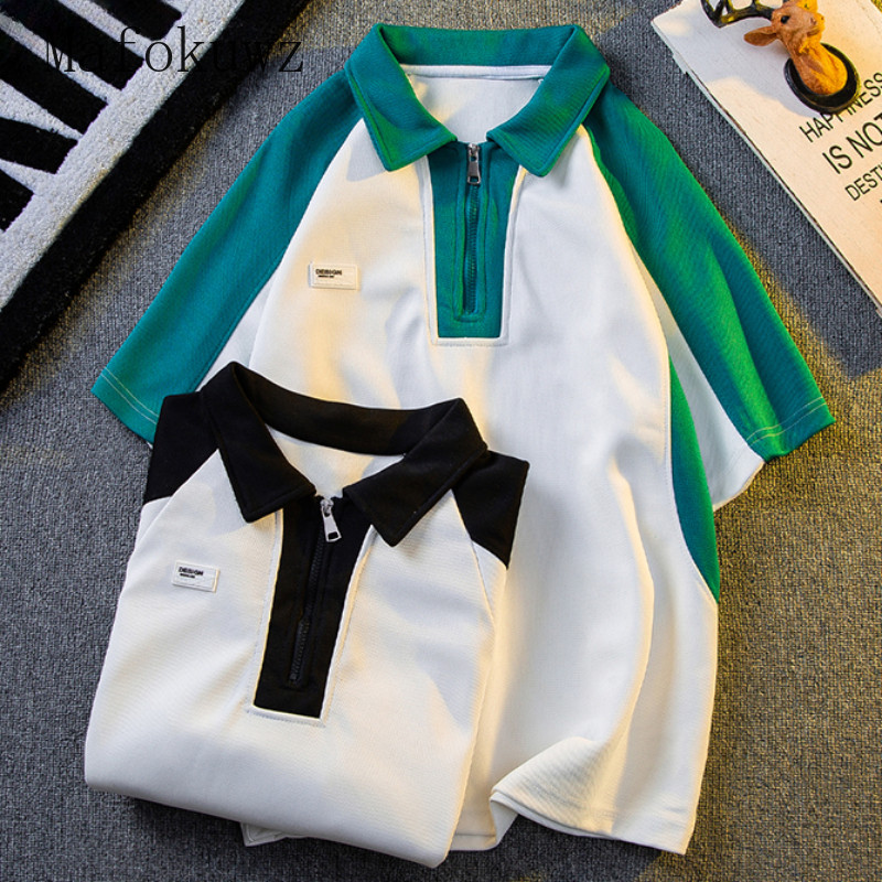 Amerikāņu kontrastējošas krāsas T-krekls ar īsām piedurknēm vīriešiem Skaists, brīvs ikdienas High Street Polo krekli ar pusi rāvējslēdzēju Vīriešu apģērbi