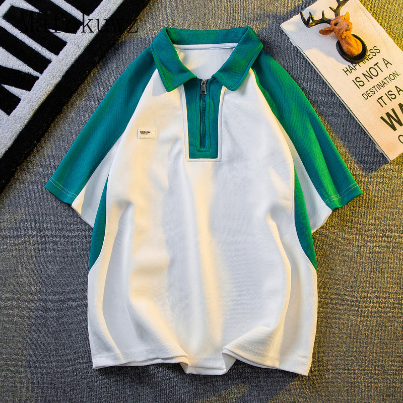 Amerikāņu kontrastējošas krāsas T-krekls ar īsām piedurknēm vīriešiem Skaists, brīvs ikdienas High Street Polo krekli ar pusi rāvējslēdzēju Vīriešu apģērbi