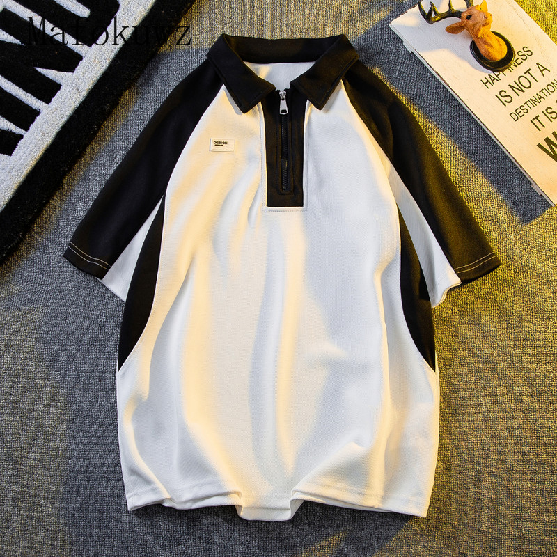 Amerikāņu kontrastējošas krāsas T-krekls ar īsām piedurknēm vīriešiem Skaists, brīvs ikdienas High Street Polo krekli ar pusi rāvējslēdzēju Vīriešu apģērbi