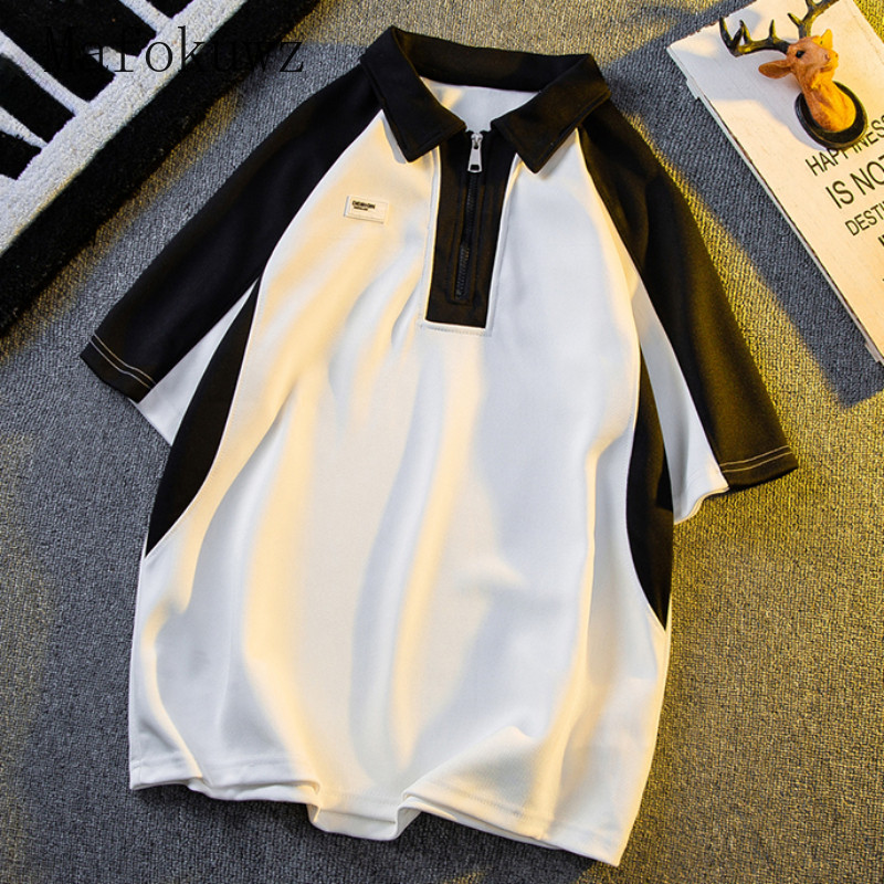 Amerikāņu kontrastējošas krāsas T-krekls ar īsām piedurknēm vīriešiem Skaists, brīvs ikdienas High Street Polo krekli ar pusi rāvējslēdzēju Vīriešu apģērbi