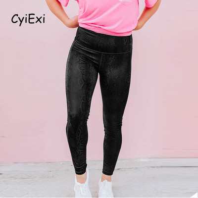 CyiExi Black Plus Size sieviešu legingi ar augstu vidukli ar čūskas ādas apdruku, elastīgas bikses Sexy Fitness Sieviešu rudens legingi S-XXL