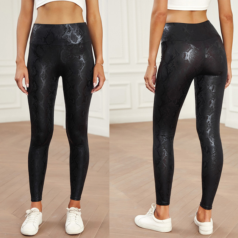 CyiExi Black Plus Size sieviešu legingi ar augstu vidukli ar čūskas ādas apdruku, elastīgas bikses Sexy Fitness Sieviešu rudens legingi S-XXL