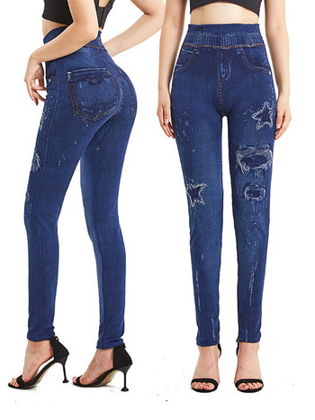 INDJXND Star Hole Printed False Jeans Plus Size Άνευ ραφής στενό ελαστικό μολύβι Παντελόνι Yoga Αθλητικά κολάν Ψηλόμεση Τζέγκινγκ S-3XL