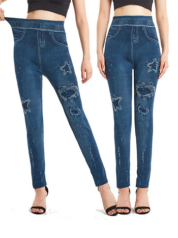 INDJXND Star Hole Printed False Jeans Plus Size Άνευ ραφής στενό ελαστικό μολύβι Παντελόνι Yoga Αθλητικά κολάν Ψηλόμεση Τζέγκινγκ S-3XL