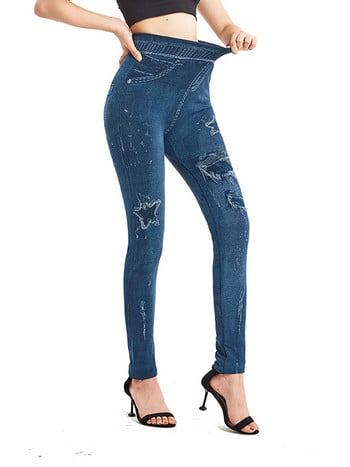 INDJXND Star Hole Printed False Jeans Plus Size Άνευ ραφής στενό ελαστικό μολύβι Παντελόνι Yoga Αθλητικά κολάν Ψηλόμεση Τζέγκινγκ S-3XL