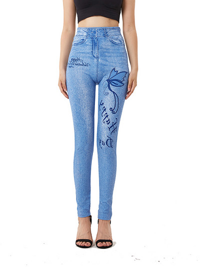 INDJXND Šviesiai mėlynos spalvos minkšti netikri džinsai su drugelių raštu moteriški antblauzdžiai didelio dydžio Jegging aukšto juosmens laisvalaikio pieštukų kelnės S-3XL