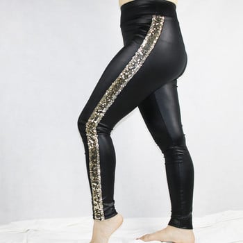 Shikorleva Γυναικεία Κολάν Faux Leather Side Glitter Beads Shinny Vinyl Gothic Jeggings Large Size 5xl 4xl S Leggins Mujer