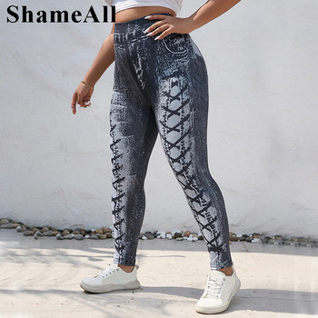 Σέξι Lace Up Εκτύπωση Strechy Skinny Απομίμηση Τζιν Κολάν 4xl Γυναικεία Street Print Slim Fit Fitness Παντελόνι Femme