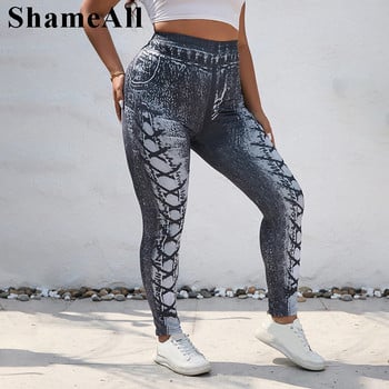 Σέξι Lace Up Εκτύπωση Strechy Skinny Απομίμηση Τζιν Κολάν 4xl Γυναικεία Street Print Slim Fit Fitness Παντελόνι Femme